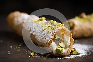 A close-up view of a traditional Italian cannoli, with its crispy shell and creamy ricotta filling. 